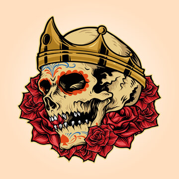 Royal Skull King Crown with Rose Illustrations Vector Mascot Logo for merchandise T-shirt  and Sticker 