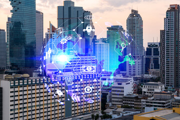 Plakat Hologram of Research and Development glowing icons. Sunset panoramic city view of Bangkok. Concept of innovative technologies to create new services and products in Asia. Double exposure.