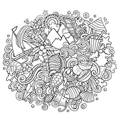 Mauritus hand drawn cartoon doodles illustration. Funny travel design.