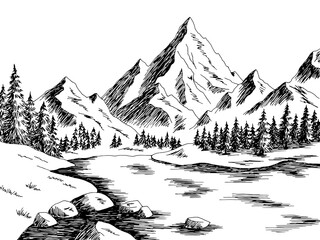 Mountain lake graphic black white landscape sketch illustration vector