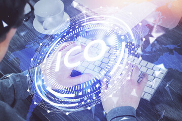 Blockchain theme hud with businessman working on computer on background. Concept of crypto chain....