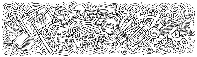 Cartoon cute doodles School banner design. Colorful illustration