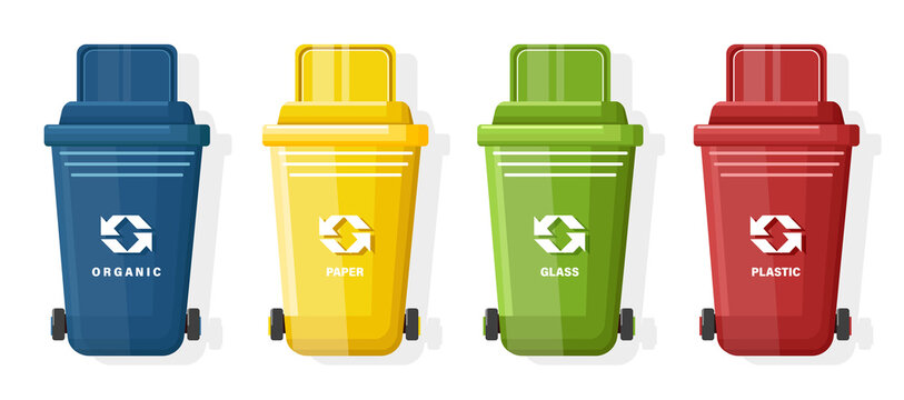 Set of Blue, yellow, green and red trash can with lid and ecology sign
