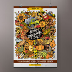 Cartoon colorful hand drawn doodles Happy Thanksgiving poster template