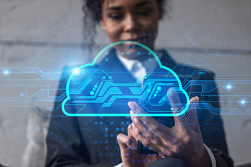 Businesswoman typing phone, work in modern office on new project. Cloud hologram. Double exposure. Concept of success.