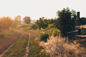 A countryside rural road with old wooden fence in sunset rays