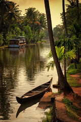 A canoe parked at sides of backwater canal on a partial cloudy a