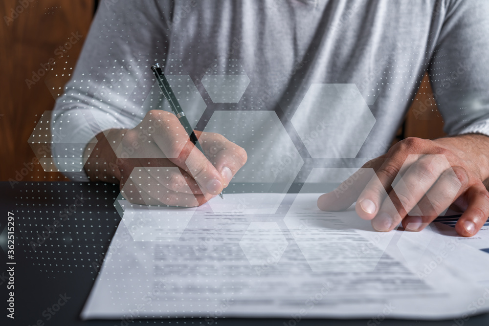 Poster double exposure of man signing contract and abstract network drawing hologram. concept of connection