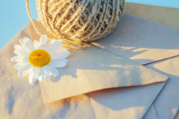 white chamomile on a kraft envelope, send or receive a message, greeting card, place for text, summer mood. soft focus