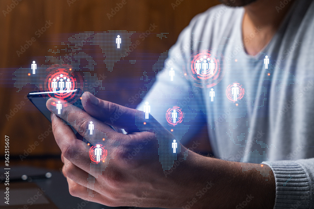 Poster man using phone. hands typing smartphone. double exposure with world map planet earth hologram. clos