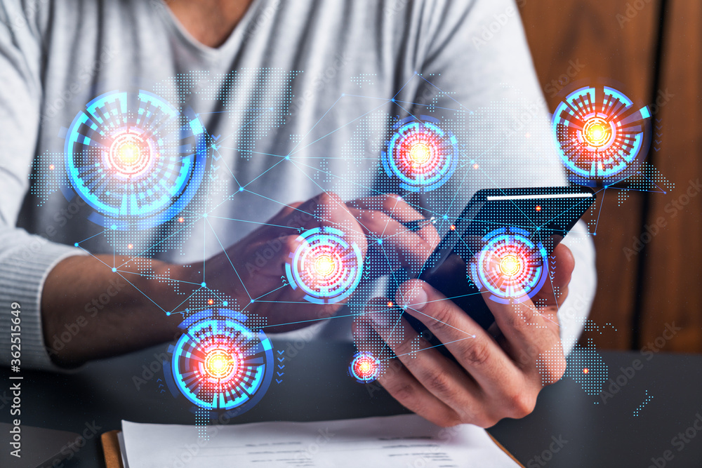 Poster man using phone. hands typing smartphone. double exposure with world map planet earth hologram. clos