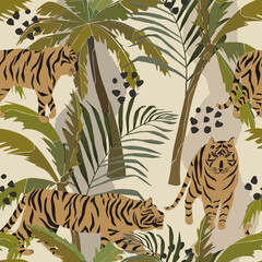 Tropical seamless pattern with paln trees and tigers Summer print. Vector illustration