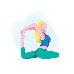 Woman sits in rajakapotasana posture and meditate. Flexible girl demonstrating king pigeon pose. Female character doing yoga or pilates. Stretching exercises, home training. Flat vector illustration