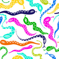 Seamless vector pattern with decorative colorful gummy snakes in bright colors on white background. The design is perfect for backgrounds, packages, wrapping paper, wallpaper, textiles, sheets