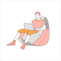 Self employed man sits in cozy armchair and works, isolated on white background. Freelancer character working from home with laptop. Remote work or online education. Line art style vector illustration
