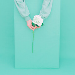 Aqua menthe trends. People and flowers aesthetic. Monochrome color design