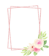 Floral summer frame with pink roses, green leaves and branches. Hand drawing botanical illustration. Design elements. Perfect for wedding invitations, greeting cards, prints, packing, posters and more