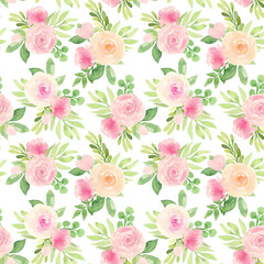 Watercolor seamless pattern. Hand drawing botanical illustration with pink, peach roses and white backgraund. Floral Design. Perfect for invitations, wrapping paper, textile, fabric, packing