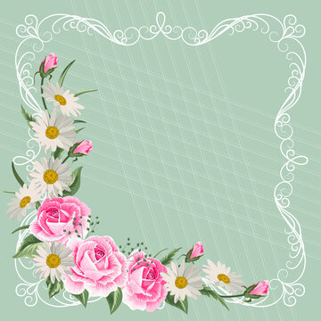 Beautiful vintage frame with flowers on green background.