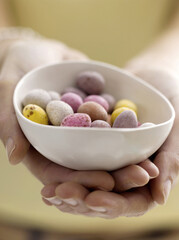 Fototapeta na wymiar Mini eggs in bowl with model