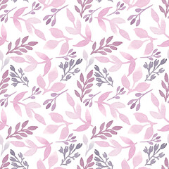 Fototapeta na wymiar Botanical background with purple branches and pink leaves. Watercolor seamless pattern. Hand drowing illustration. Floral Design. Perfect for invitations, wrapping paper, textile, fabric, packing