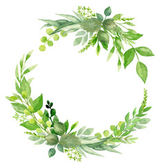 Naklejka premium Greenery summer wreath with green leaves and branches. Hand drawing botanical illustration. Floral Design elements. Perfect for wedding invitations, greeting cards, prints, packing, posters and more
