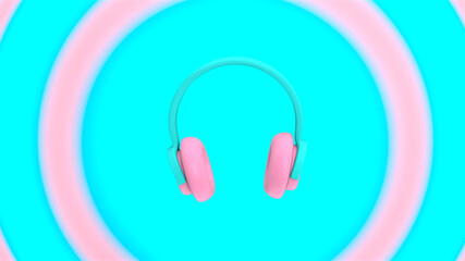 3d rendering abstract animation musical headphones rhythmically moving, dancing. Funny joke cartoon pop art style