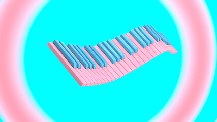 3D rendering abstract animation of a keyboard synthesizer, piano rhythmically bend, dance. Funny joke cartoon pop art style
