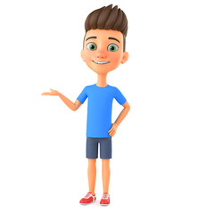 Boy isolated on white background hand pointing at empty space for advertising. 3d rendered.
