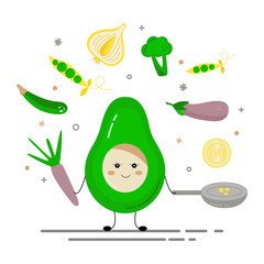 Cooking. Avocado holds a pan of vegetables. Avocado cooks in the kitchen. Creative design for card, banner, poster, sticker, logo, badge. Vector illustration flat cartoon style. 
