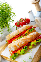 crispy baguette with bacon, tomatoes and cheese