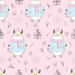 2021 symbol of the year. ox. Christmas pattern. Bulls in the snow. Design for wrapping paper, fabric and clothing. Pastel delicate colors