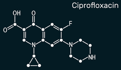 Ciprofloxacin, quinolone molecule. It is a synthetic broad spectrum fluoroquinolone antibiotic. Skeletal chemical formula on the dark blue background