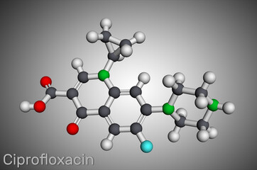 Ciprofloxacin, quinolone molecule. It is a synthetic broad spectrum fluoroquinolone antibiotic