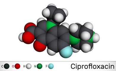Ciprofloxacin, quinolone molecule. It is a synthetic broad spectrum fluoroquinolone antibiotic. Molecular model