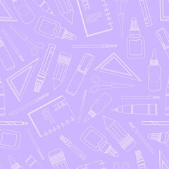School seamless pattern. School supplies. Stationery on a pink background