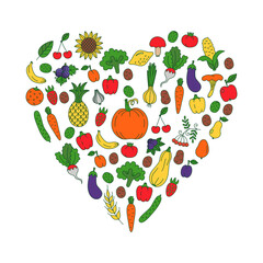 Vegetables fruits doodle line vector set heart shape design