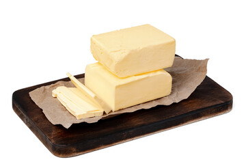 Butter on wooden board isolated on white background
