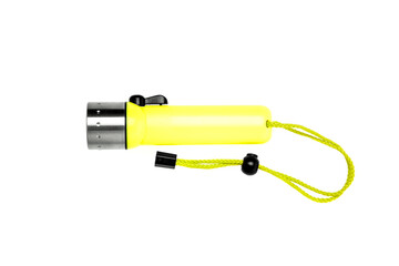 Flashlight for diving isolate on a white back. Waterproof bright colored flashlight.