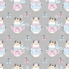 2021 symbol of the year ox. Christmas pattern. Bulls in the snow. Design for wrapping paper, fabric and clothing. Pastel delicate colors