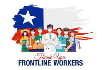 Thank you frontline workers. Various occupations people standing with Chile flag. Vector