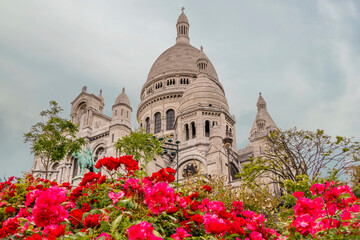 Sacre Coeur Cathedral on a Summer Evening and Flowers