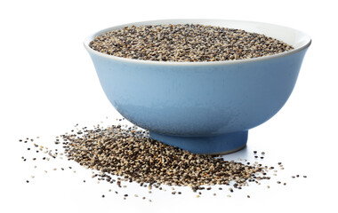 Bowl with chia seeds isolated on white