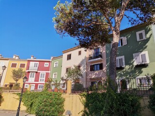 Fototapeta na wymiar blue sky-colored houses and a pine tree 