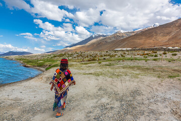 Walkin a traditional women near Pangong tso (Lake). Leh, Ladakh, Jammu and Kashmir, India
