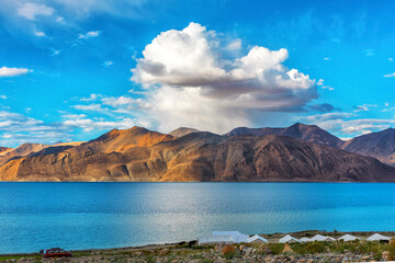 Fototapeta na wymiar Mountains and Pangong tso (Lake). It is huge and highest lake in Ladakh.