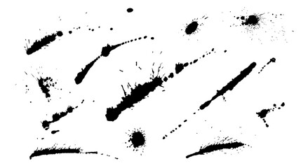 Black ink splashes and drops brushes. Abstract grunge design elements of distress texture. Paint splats blotches isolated on white background.