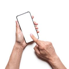 Mockup of hands holding mobile phone with blank screen isolated on white background