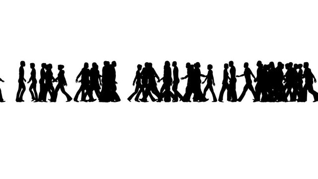 Silhouettes of crowd people walking 4k