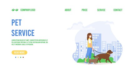Landing page template of pet care. Pet care concept. Web page design for website. Dog walking service during the COVID-19 pandemic. A young woman in a mask is walking dogs in a park.